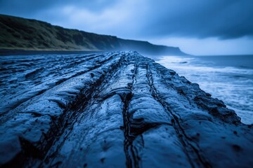 Moody blue coastline features dramatic, textured rock formations meeting the restless ocean under a dark, cloudy sky, a rugged natural scene.