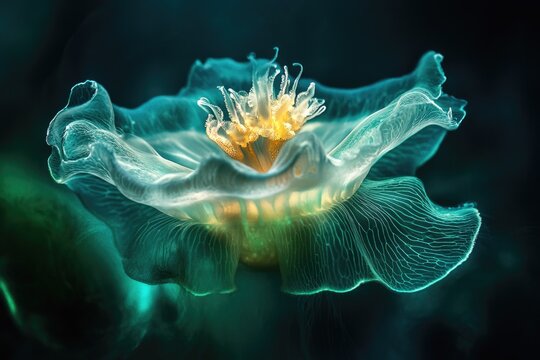 Stunning translucent aquatic organism, a glowing flower-like jellyfish with intricate teal and golden bioluminescence emerging from dark depths.