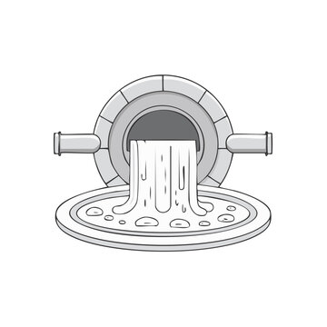 Stylized gray pipe discharging liquid waste or water into a round drain basin, an environmental pollution concept.