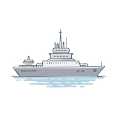 Obraz premium Modern Motor Yacht with Multiple Decks and Antenna Towers in Blue Water