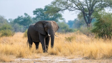 Obraz premium Solitary adult elephant standing gracefully in the open savanna at sunset, illuminated by warm golden light with soft shadows on dry grass, capturing the serene and majestic essence of wilderness