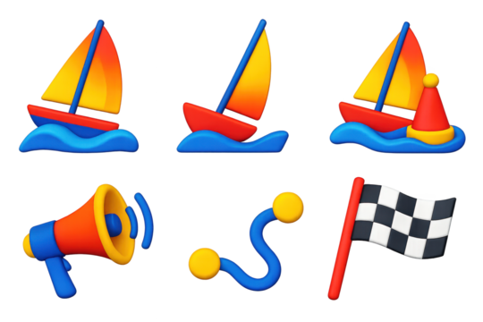 Sea Racing Icons. 3D icon set of sea racing moments: yacht on wave, leaning sail, buoy turn, start horn, racing line, winner flag.