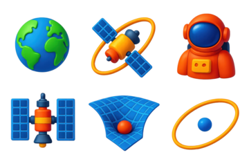 3D Space Icon Set. 3D icon set of planetary orbit: Earth globe, orbiting satellite, astronaut, space station, gravity well,