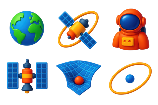 3D Space Icon Set. 3D icon set of planetary orbit: Earth globe, orbiting satellite, astronaut, space station, gravity well,