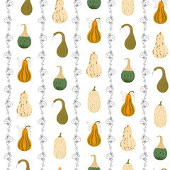 Pumpkins and coquette openwork vertical lines seamless pattern hand drawn repeat festive ornament for autumn holidays Thanksgiving, Halloween decor, cottagecore print for fabric, wallaer or gift paper
