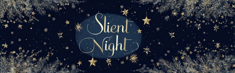 Fototapeta premium Elegant Silent Night Christmas background with golden stars and pine branches on dark blue backdrop Festive holiday season design with a magical, peaceful, and serene mood