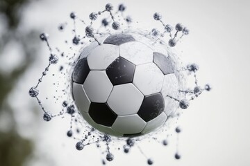 Naklejka premium Soccer ball surrounded by molecular structures representing the sport's scientific aspects