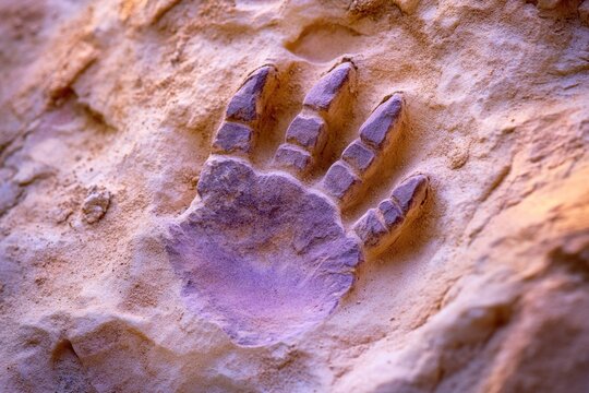 A striking purple handprint impression embedded in natural rock, evoking ancient history and geological artistry. A unique blend of color and texture.