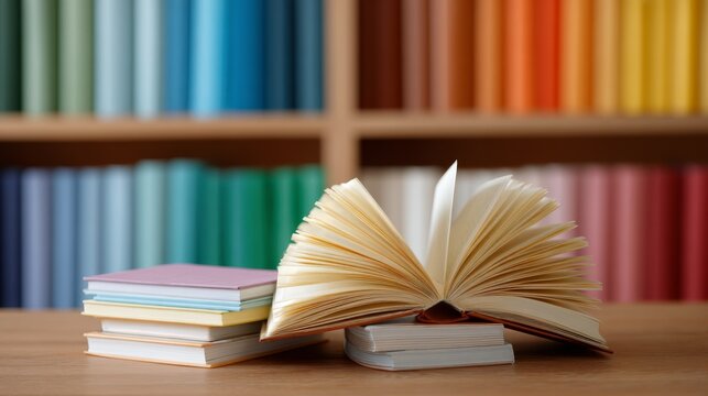 Open hardcover book resting atop a colorful stack of books with a blurred wooden bookshelf background and copy space on the right side