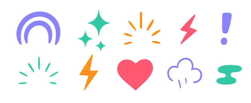 Colorful doodle symbols including rainbow, sparkles, lightning, heart, cloud, exclamation mark and abstract shapes on white background