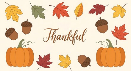 Fototapeta premium Thankful autumn illustration with leaves, pumpkins, and acorns.