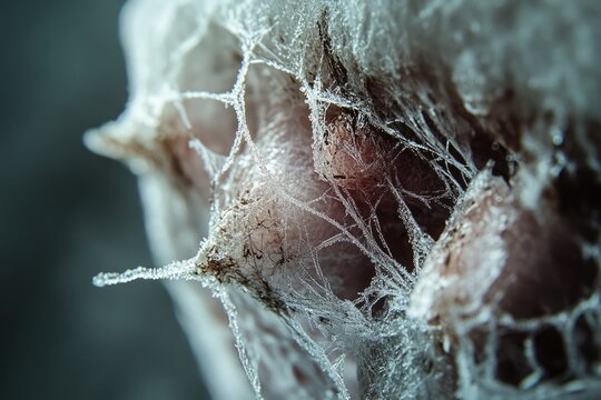 A stunning macro view of a delicate spiderweb or fibrous structure heavily encrusted with sparkling frost and ice crystals, showcasing winter's intricate beauty and icy textures.