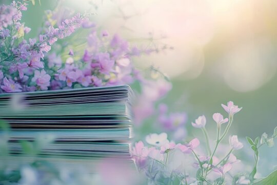 A stack of pastel-toned books rests amidst a serene garden of soft lavender and pink blossoms, bathed in a dreamy, sunlit glow. - Powered by Adobe
