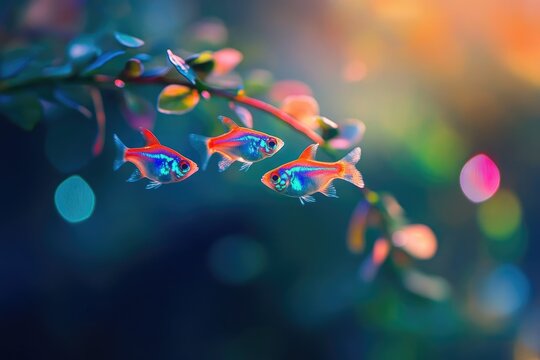 Three vibrant, iridescent fish swim in a magical aquatic environment, surrounded by colorful bokeh lights and glowing flora.