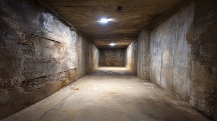 Obraz premium Dimly lit abandoned concrete chamber with deep shadows and textured walls featuring a female young adult subject and minimal overhead light with copy space