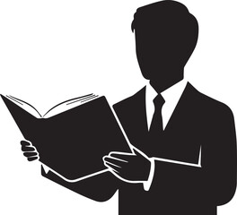 Silhouette of a man in a suit and tie reading an open book vector