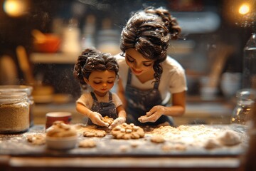 Mother and child dolls baking cookies together, hands covered in flour. A sweet, heartwarming scene of shared kitchen fun and family bonding.