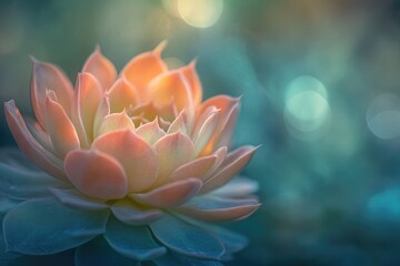 A beautiful succulent with soft peach and blue-green hues, glowing gently against a tranquil, blurred bokeh background.