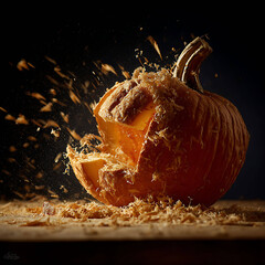 Pumpkin carving close up motion slice flying wood shavings studio high speed freeze action dramatic lighting 