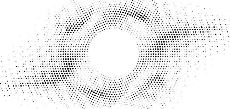 Abstract halftone circular wave pattern with white center void, modern monochrome dotted background for digital motion art, geometric minimal futuristic design