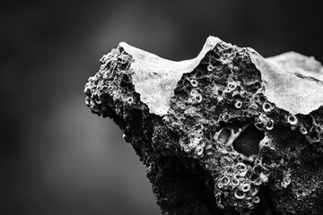 Detailed monochrome close-up of a textured, weathered rock, adorned with numerous small marine growths, likely barnacles, against a soft, dark background.