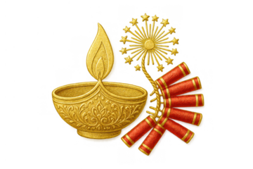 Diwali diya lamp and firecrackers celebrating hindu festival of lights with transparent background
