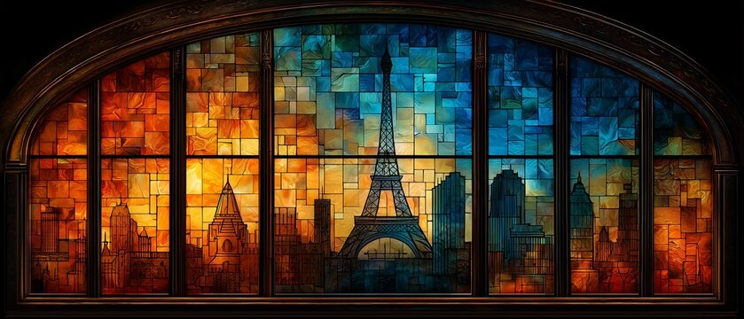 A stained glass window frames Paris streets and skyline in vibrant, colorful hues. The image captures artistic beauty, culture, and iconic city charm.