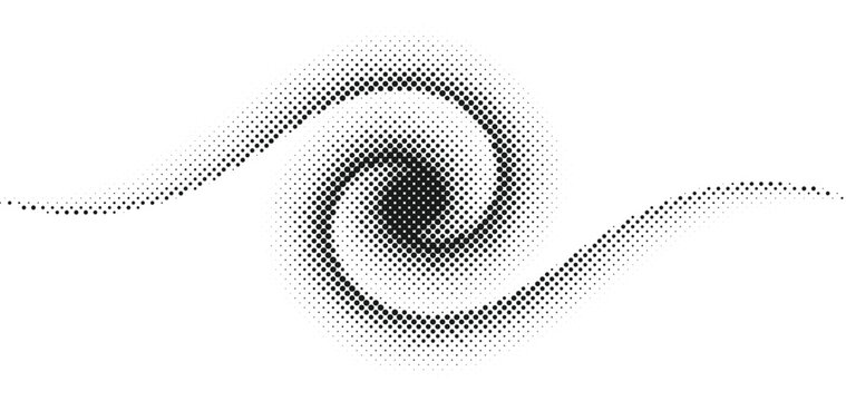 Abstract swirling halftone vortex pattern in black and white, dynamic flow of dots creating spiral motion, minimal modern digital texture for design projects