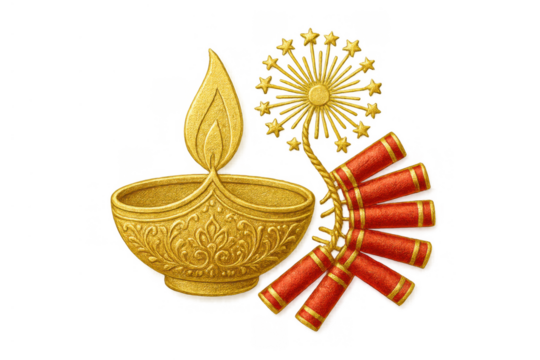 Diwali diya lamp and firecrackers celebrating hindu festival of lights with transparent background