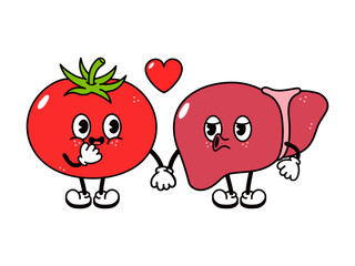 Tomato and liver characters holding hands, love concept
