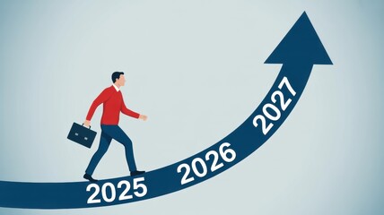 Man walking on an arrow with years 2025 to 2027 representing business growth and career development vector illustration