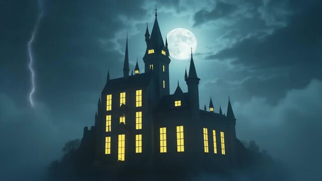 
Mysterious fantasy castle in a spooky gothic style, representing magic and horror against a stormy night sky with a full moon and lightning