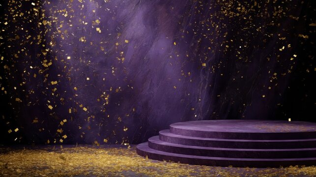 Elegant purple marble stage with gold accents surrounded by falling gold confetti and dark backdrop, perfect for celebrations or awards ceremonies