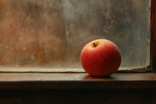 A fresh, dew-kissed red apple sits on a weathered wooden windowsill, against a hazy, atmospheric window, creating a serene still life.