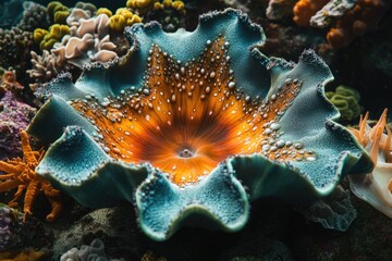 A vibrant sea anemone displays ruffled teal edges and a glowing orange center adorned with white pearl-like specks. An exquisite underwater marvel.