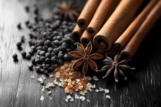 A rustic display of aromatic spices featuring cinnamon sticks, star anise, black peppercorns, and coarse salt on a dark wooden background.