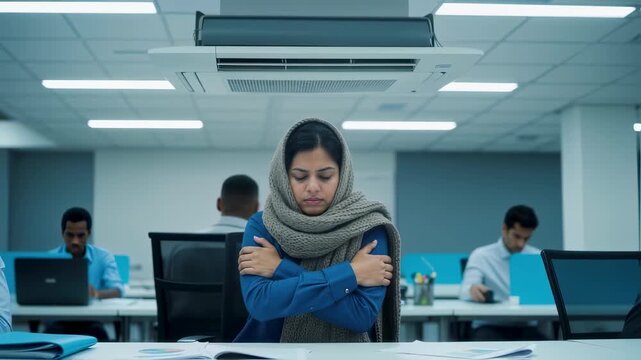 Woman feeling cold in office, shivering under overhead air conditioner vent, experiencing workplace discomfort footage.