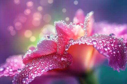 Sparkling water droplets adorn a vibrant pink flower petal. A magical, colorful bokeh background enhances this ethereal, fresh, and beautiful close-up. - Powered by Adobe