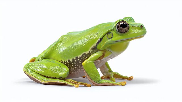 Green Tree Frog Posing on White Background.