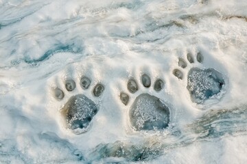 Deep, frosty paw prints of a large animal, likely a polar bear, embedded in fresh snow and patterned ice. Arctic wildlife.