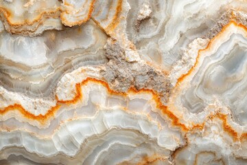 Stunning natural stone background featuring intricate layers of white, grey, and cream onyx with prominent, vibrant orange and rust-colored veins.