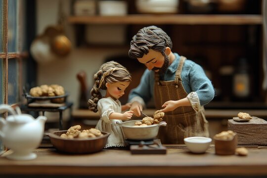 Miniature figures depict a father and daughter baking together in a cozy kitchen. They lovingly prepare small treats, sharing a heartwarming domestic moment.