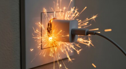 Electrical adapter sparking in wall socket, concept of short circuit, fire hazard, or electrical accident, for safety awareness campaigns.