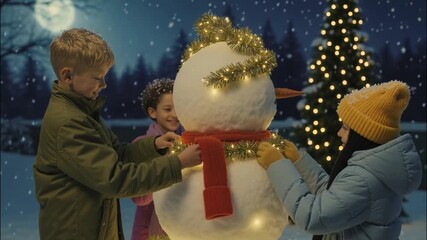 Three joyful children decorate a snowman with lights, a red scarf, and holiday cheer on a snowy winter night.