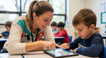 Teacher and young boy using educational app on tablet in modern classroom, interactive learning technology, digital education for kids, elementary school technology teaching aid