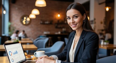 Successful smiling businesswoman working remotely in a cafe on a laptop with financial charts. Business intelligence, data analysis, freelance professional, modern technology.