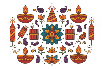 Diwali festival symbols and elements with diya lamps, rangoli, fireworks, gifts, and lotus flowers, transparent background