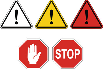 Warning and stop sign vector set with exclamation marks, hand symbol, and STOP text for safety, hazard alert, and traffic signage design