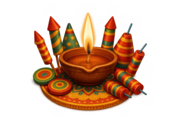 Diwali deepavali celebration with burning diya lamp and various fireworks on rangoli base, transparent background