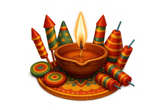 Diwali deepavali celebration with burning diya lamp and various fireworks on rangoli base, transparent background
